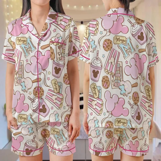 Discover Mickeyy mouse Ears Balloons Magical Park Snacks Satin Short-Sleeve Pajamas Set