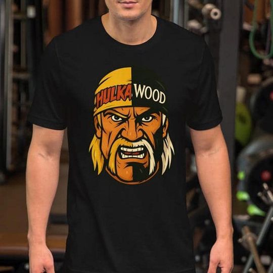 Discover Hulkawood Wrestling Tee Face Split Design Gym Wrestling Icon TShirt Retro Hulk Hogan Style Fitness Shirt Gift for Fans