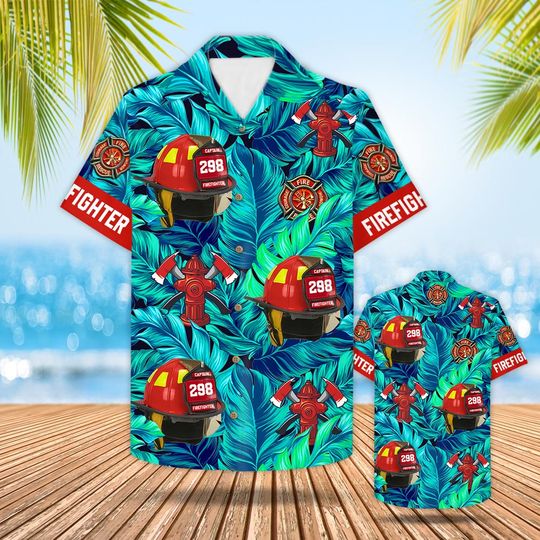 Discover Custom Hawaiian Shirt Gift For Firefighter - Personalized Gifts For Fireman - Firefighter Helmet Tropical Pattern Hawaiian Shirt