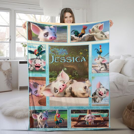 Discover Custom Cute Pua Pig moanaa Fleece Blanket, Blanket For Kid Baby Adult, Themed Bedding, Home Decor, Personalized Christmas Gift UM5A24