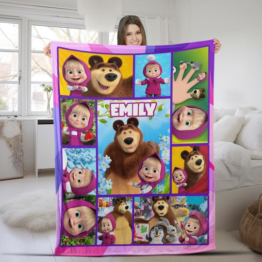Discover Masha and the Bear Theme Birthday Family Blanket,Custom Personalized Name Blanket