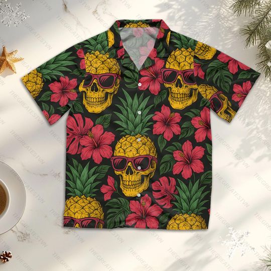 Discover Pineapple Skull Hawaii Shirt for Men Women, Tropical Pineapple Summer Aloha Shirt, Summer Fruit Button Down Shirt, Holiday Vacation Outfit