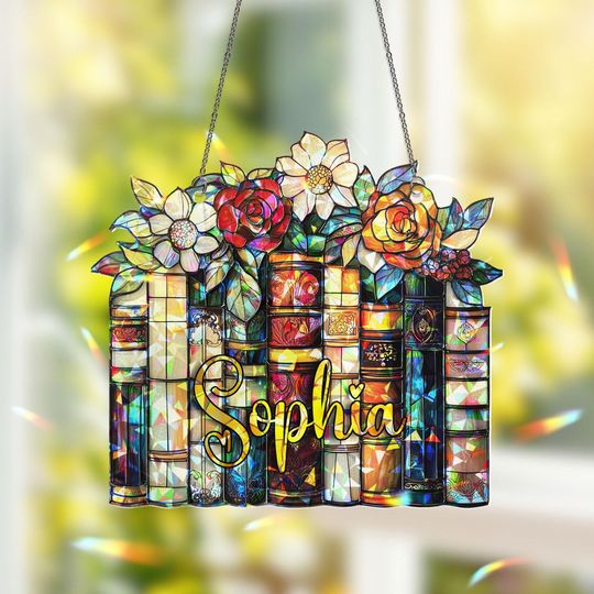 Discover Personalized Book Suncatcher, Custom Name Window Hanging, Bookish Broken Glass Hologram Ornament Gift, Literary Decor for Book Lovers