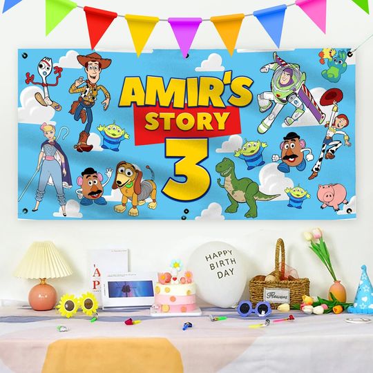 Discover toy stories Birthday Backdrop, Disneyyy toy stories Banner, Personalized Party Decoration, Printed toy stories Poster Boys, Custom Name Kid Backdrop