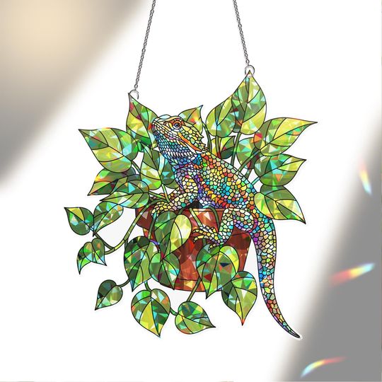 Discover Bearded Dragon Acrylic Broken Glass Hologram Ivy Plant Decor, Stained Glass Lizard Hanging