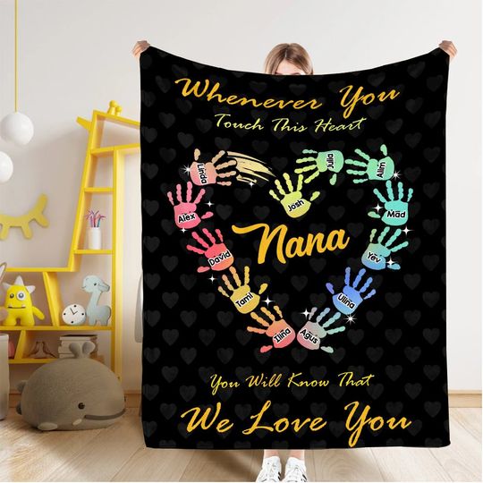 Discover Personalized Gradient Handprints Love Heart Multi Color Family Blanket with Names Christmas Day Mother's Day Gift for Grandmother Mother