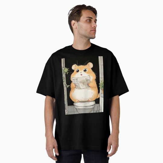 Discover Animal x Relaxing Adorable Furry Hamster Enjoys Evening Newspaper Toilet Oversized T-Shirt