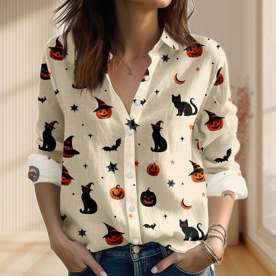 Discover Black Cat Pumpkin Linen-Look Shirt, Halloween Women Shirt