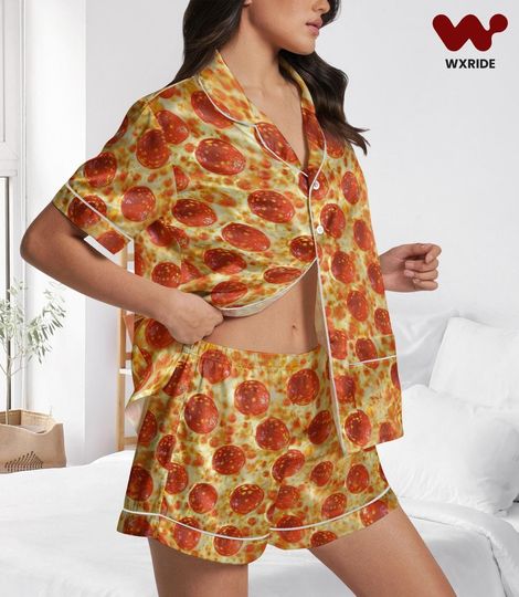 Discover Pepperoni Pizza Short Satin Pajamas, Pizza Lover Pajamas Set, Pizza Bridesmaid Pajamas