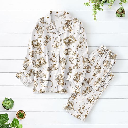 Discover Dachshund Satin Pajama Set, Vintage Line Art Dog