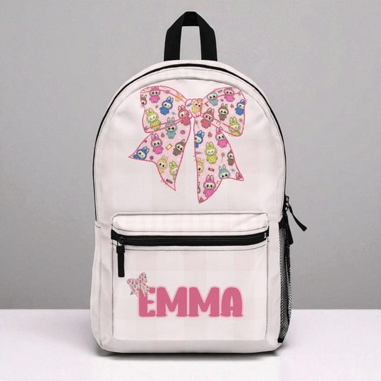Discover Personalized Labubu Inspired Backpack, Kawaii Pink Gingham Bow School Bag for Girls, Custom Name Bookbag, Cute Kids Travel & School Bag