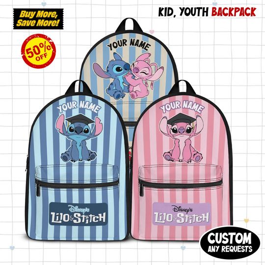 Discover Custom Stitchh And Angel Backpack, Kids School Bag, Custom Name Backpack, Cute Kids Backpack
