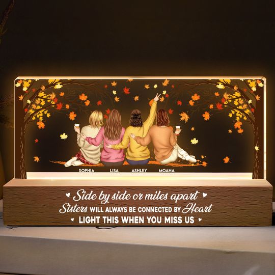 Discover Personalized Acrylic LED Night Light with Engraved Wooden Base - Light This When Missing Sisters