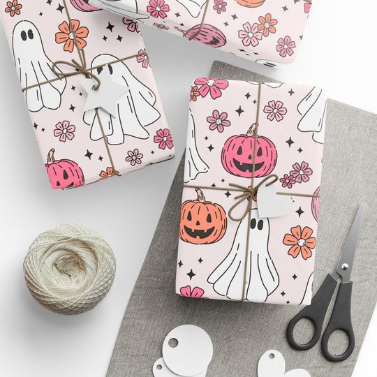 Discover Pastel Halloween Wrapping Paper with Ghosts and Pumpkins Wrap Pepper
