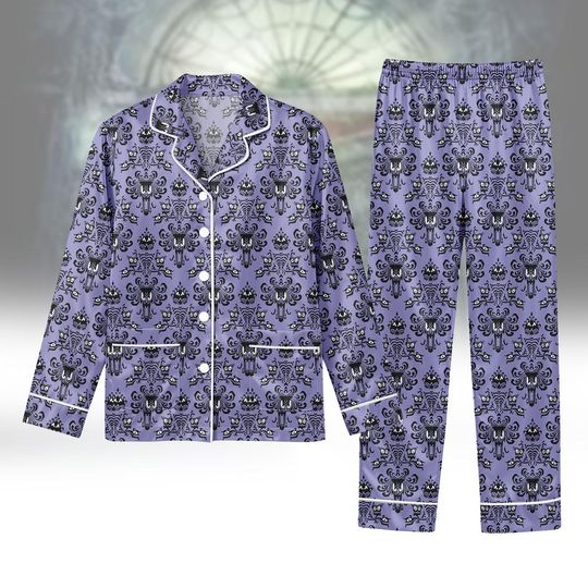Discover Halloween Hauntedd Mansionn Satin Pajama, Purple Ghost Pattern