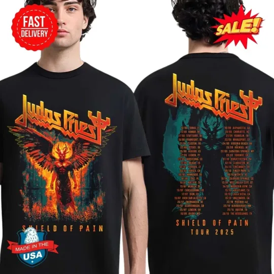 Discover Judas Priest 2025 Tour Winged Demon Reprint Tee Shield of Pain Shirt