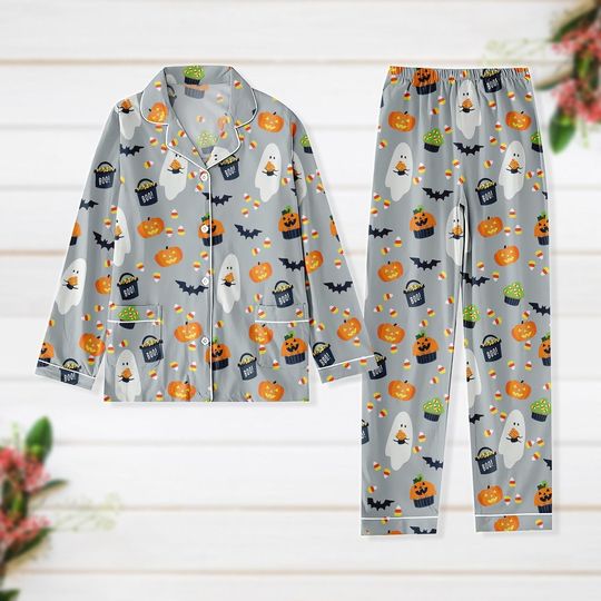 Discover Cute Ghost Halloween Satin Pajamas, Pumpkin Women Pajamas, Fall Women Pajamas, Trick Or Treat, Fall Autumn Gift, Boo Halloween Pjs For