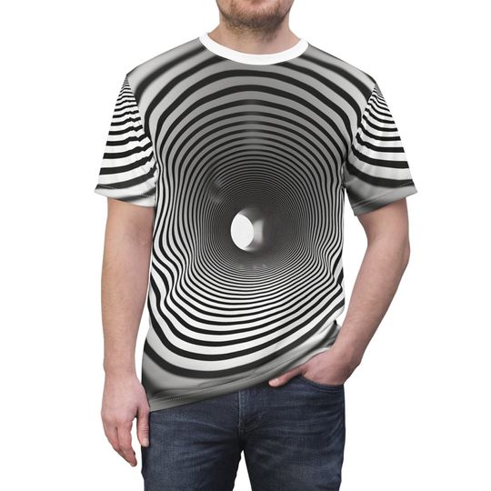 Discover 3D Optical Illusion Black Hole Stripes Shirt, Symmetrical Warped Tunnel Unisex Cut & Sew Tee