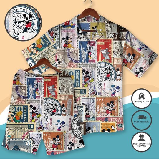 Discover Retro Mickeyy Travel Stamp Print Hawaiian Shirt Vintage Postcard Mickeyy Vacation Shirt