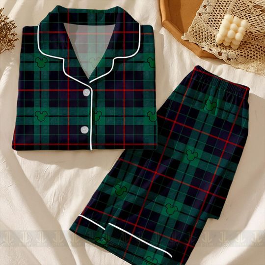 Discover Mickeyy Plaid Green Navy Unisex Satin Pajamas Set