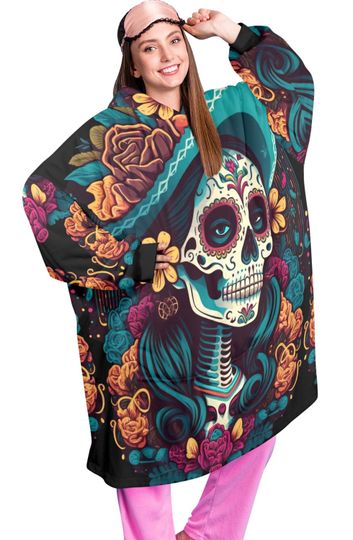 Discover Cartoon Da De Los Muertos Blanket Hoodie