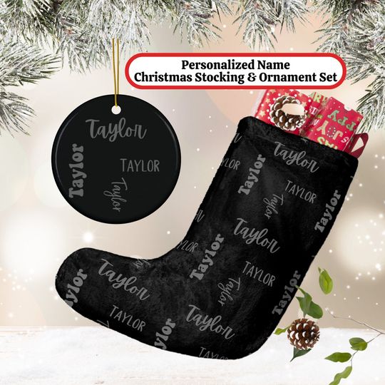 Discover Personalized Name Black Monochrome Christmas Stocking