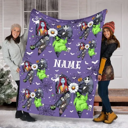 Discover Personalized Coquette Bow Nightmare Before Xmas Characters Halloween Blanket