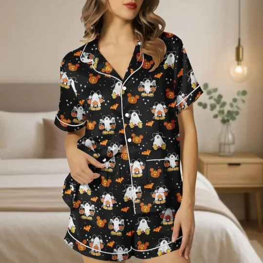 Discover Mickeyy Cosplay Halloween Boo Spooky Season Satin Short-Sleeve Pajamas Set