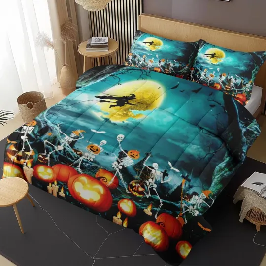 Discover Halloween Funny Skull Queen Comforter Set, Spooky Pumpkins Witch Bedding Set 3 P