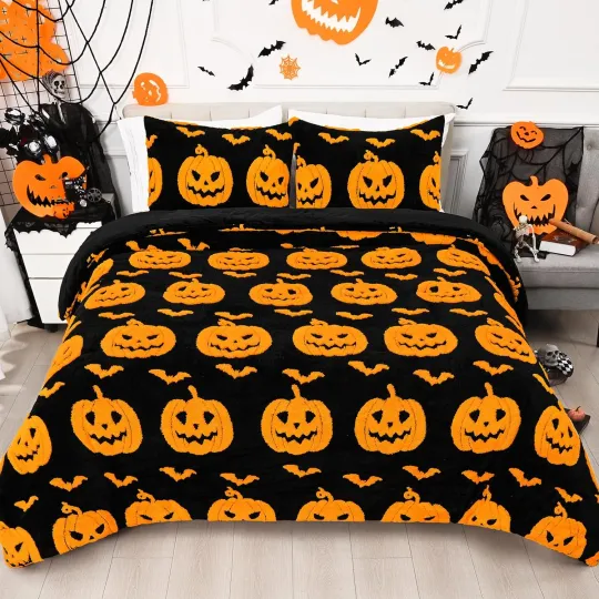 Discover Halloween Queen Comforter Sets 3 Piece Cute Pumpkins Bats Comforters Queen Size