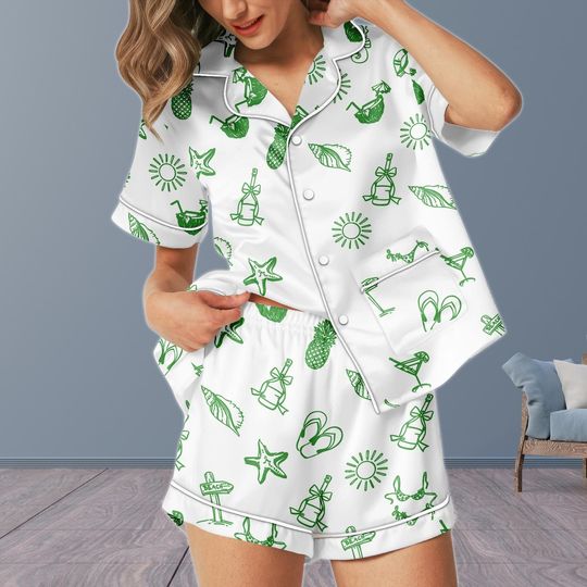 Discover Bachelorette Beach Short Satin Pajamas, Custom Name Bridesmaid Party Pajamas Set, Bridal Silk Pajamas For Women, Matching Summer Pjs