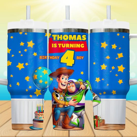 Discover Custom toy stories Birthday Tumbler 40oz with Handle, Buzz and Woodyy Cup for Kids, Personalized Boy Birthday Gift