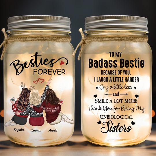 Discover Christmas Besties Because Of You I Laugh Little Harder - Personalized Mason Jar Light