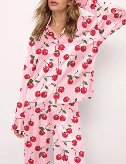 Discover Cherries Silky Satin Pajama Set For Women