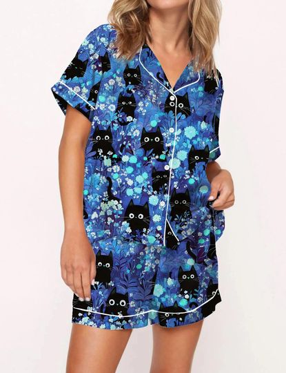 Discover Black Cats Silky Satin Pajama Set For Women