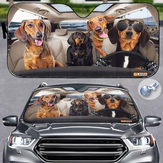Discover Dachshund Driving Car Sunshade, Funny Wiener Dog Windshield Cover, Cute Dog Family Shade, Car Sun Shade