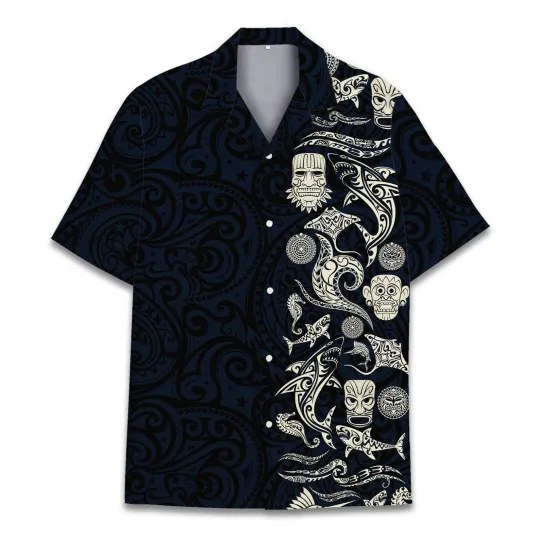 Discover Aloha Shark Tiki Hawaiian Shirts For Men Floral Boho Casual Black - Unisex Shirt