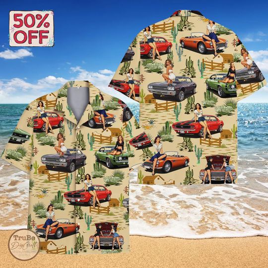 Discover Western Car Hawaii Shirt for Men Women Youth, Sexy Girl on Car Aloha Shirt, Western Style Outfit, Western Gifts, Car Lovers, Retro Car Shirt