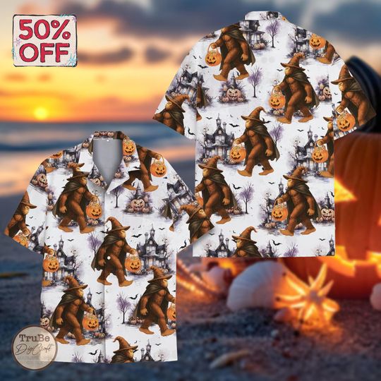 Discover Funny Bigfoot Halloween Hawaii Shirt for Men Women Youth, Halloween Town Aloha Shirt, Halloween Party Outfit, Sasquatch Halloween Gifts