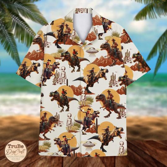 Discover Western Cowboy Dinosaur Shirt, Men's Alien UFO Wild West Hawaiian Shirt