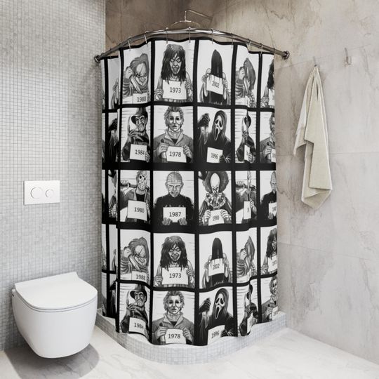 Discover Spooky Mugshot Shower Curtain, Halloween Decor, Horror-themed Bathroom Accessory, Unique Gift for Horror Fans, Gothic Home Decor