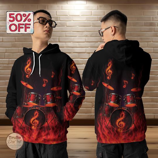 Discover Unisex Fire Drummer Sets Sweatshirt Hoodie, Drummer Hoodie, Drum Players Pullover Zip Hoodie, Music Lovers Shirt, Gift for Drum Players