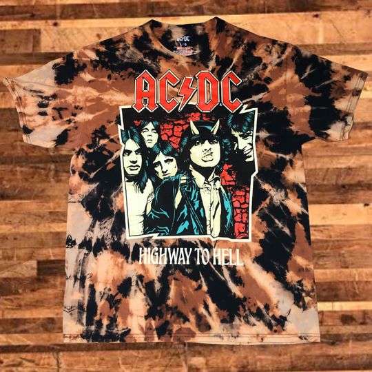 Discover Custom Hand Made AC-DC AC-DC Band - Highway to Hell - Short Sleeve Tie-Dye T-Shirt - Size 2XL - Officially Licensed