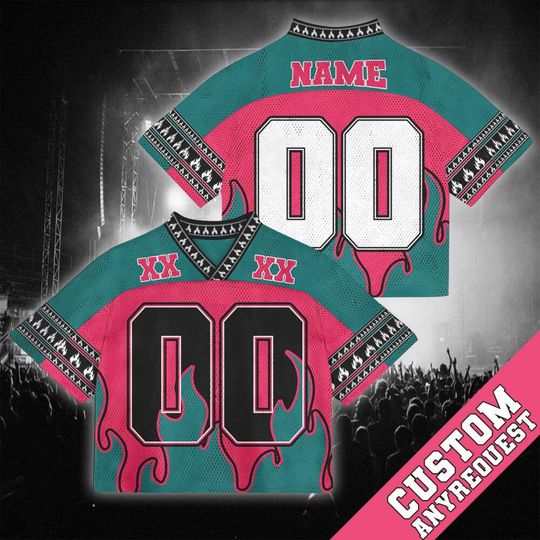 Discover Personalized Name And Number Turquoise Fire Pink Mesh Croptop Football Jersey, Custom Est Year Concert Streetwear Football Jersey 31725LN46