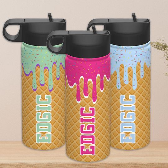 Discover Custom Ice Cream Water Bottle with Name Number, Back to School Gift, Tumbler for School, Water Bottle
