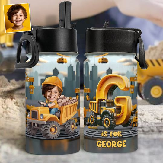 Discover Construction Vehicle Alphabet Letters - Personalized Kid Kids Water Bottle