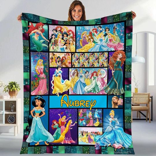 Discover Personalized Princess Blanket for Girls, Custom Name Disneyyy Princess Throw Blanket, Arielll Bellee Cinde, Birthday Girl Boy gift blanket