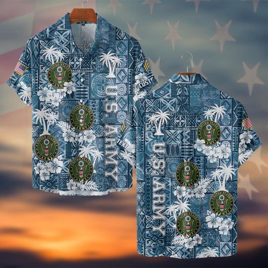 Discover Customized US Veteran Blue Tribal Pattern Tropical Hawaiian Shirt