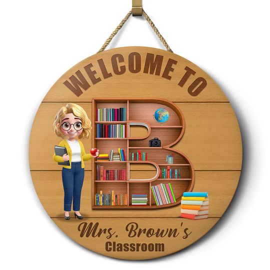 Discover          Teacher Alphabet Bookshelf Letter - Personalized Wood Circle Sign       