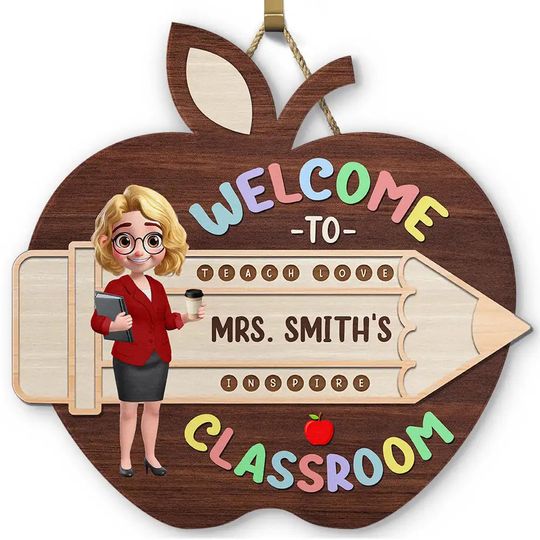 Discover          Teacher Apple Class Name - Personalized Custom Shaped Wood Sign       